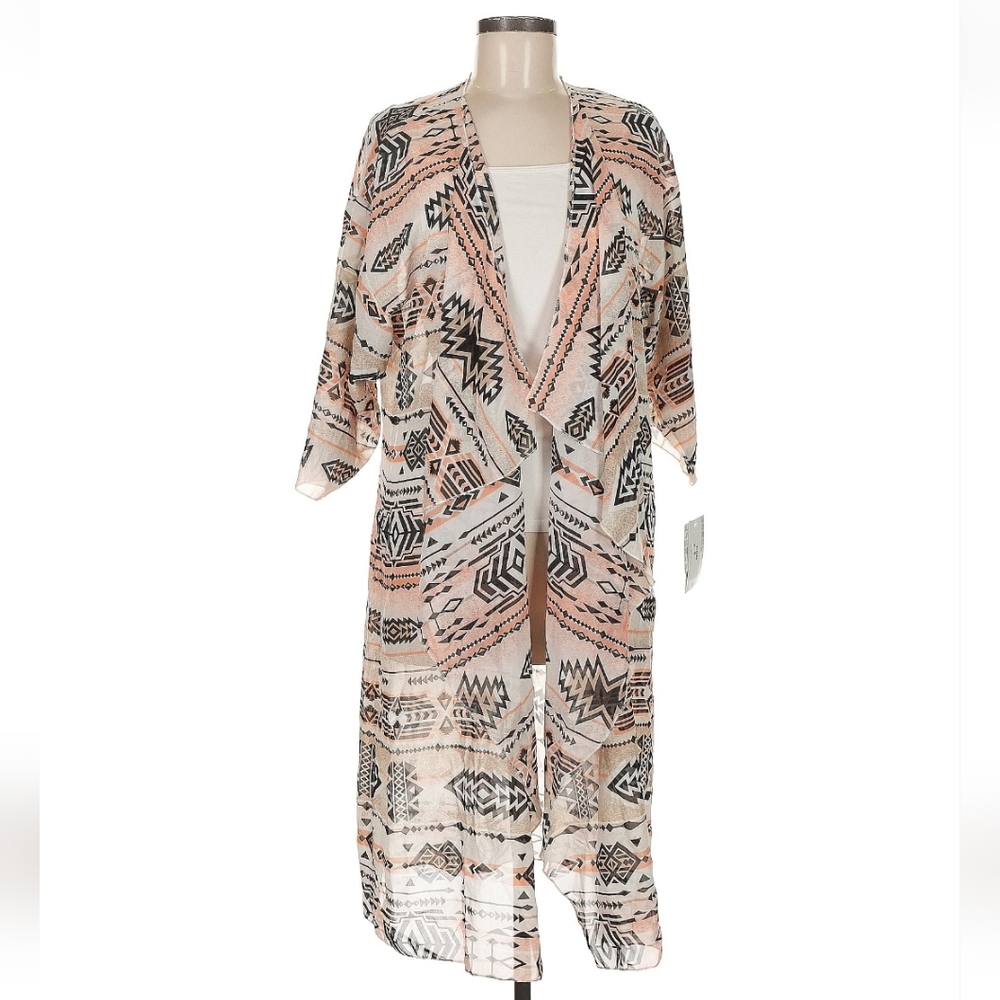 LuLaRoe Shirley Peach and Black Geometric Aztec Kimono Size M